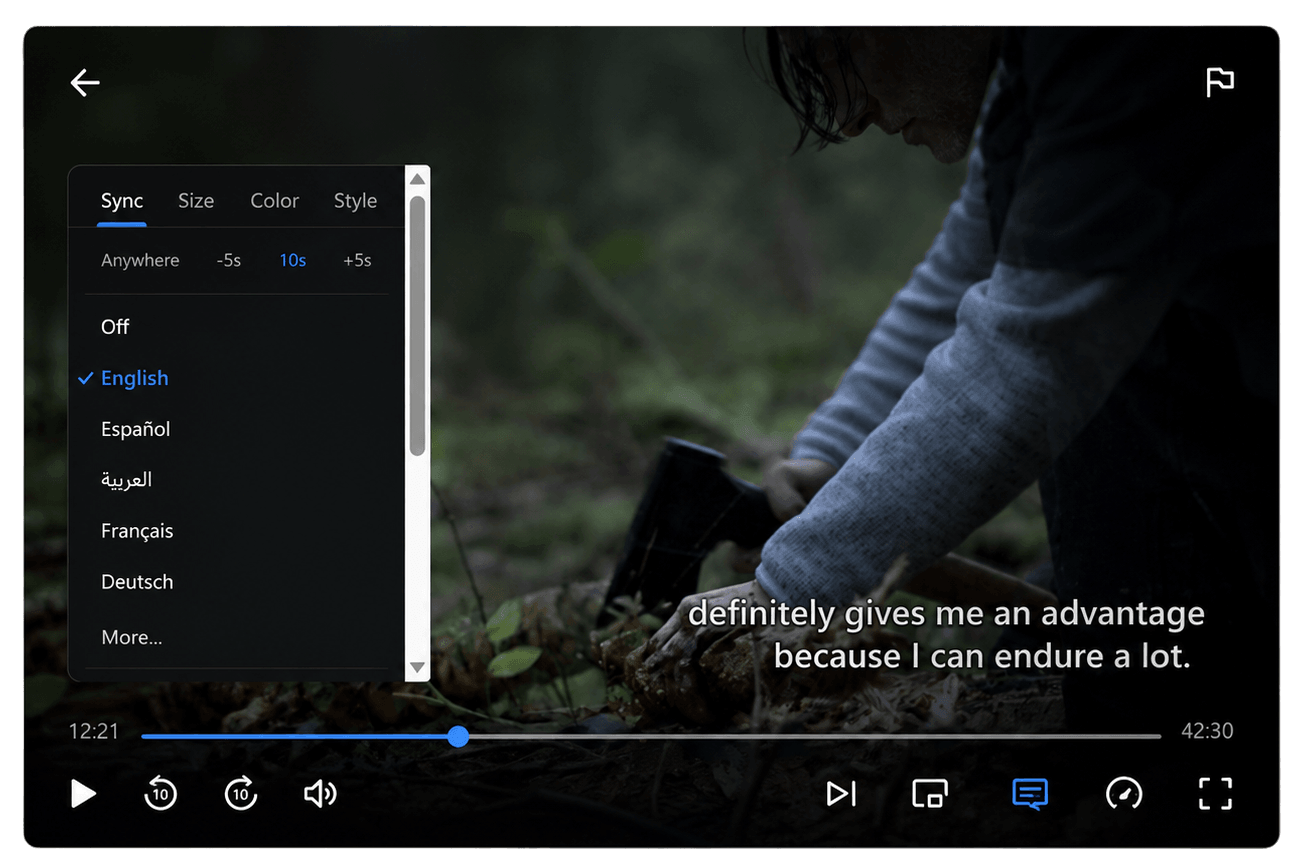 EVStream subtitles feature - closed captions with language, sync, and size controls