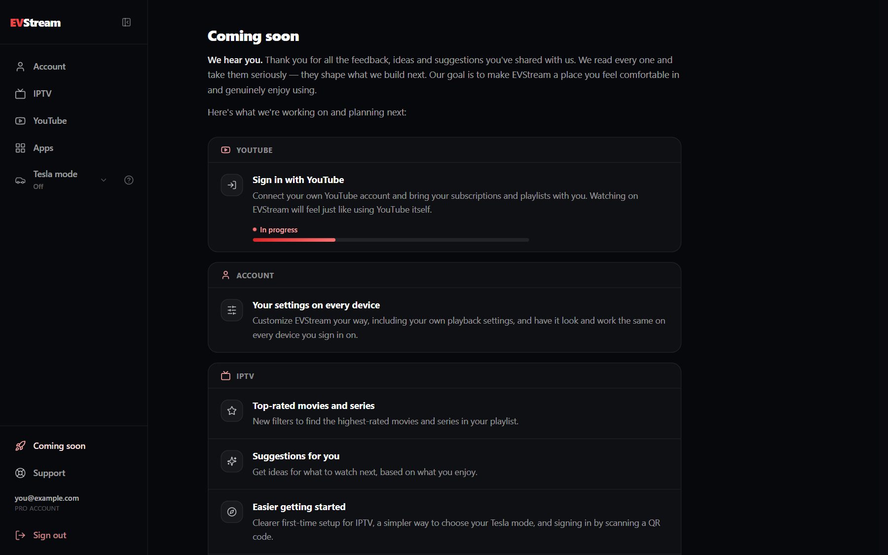 The EVStream Coming soon page listing planned features, with Sign in with YouTube in progress