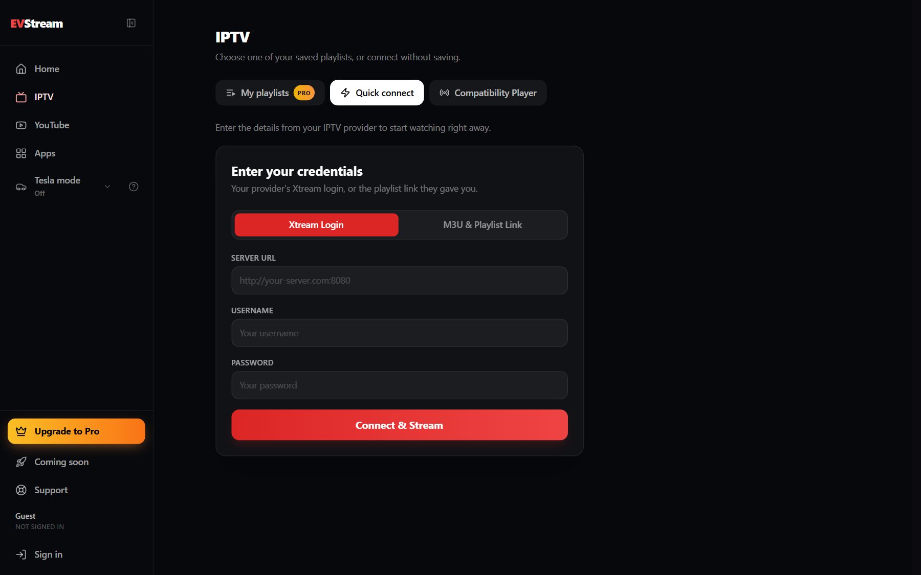 The EVStream dashboard IPTV page with My playlists, Quick connect and Compatibility Player tabs